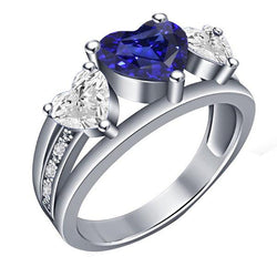 Hartvormige diamanten ring met 3 stenen blauwe saffier met accenten 3,50 karaat