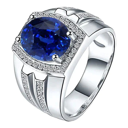 Heren Halo Ring 4 Karaat Ovale Diamant & Blauwe Saffier Sieraden 14K Goud