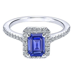 Jubileum Emerald Halo Blauwe Saffier & Diamanten Ring 3,50 Karaat