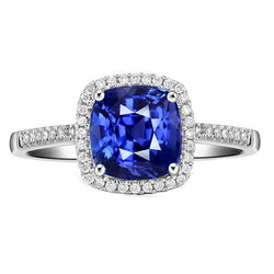 Jubileum Halo Ring Kussen Blauwe Saffier Geaccentueerde Diamanten 4 Karaat