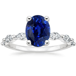 Jubileumring Ovaal Blauwe Saffier Solitaire Met Accenten 3,50 Karaat