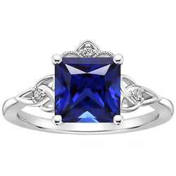Kleine diamant en prinses geslepen blauwe saffier antieke stijl ring goud 14K