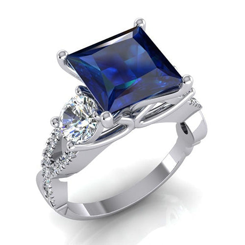 Koningsblauwe Saffier Diamanten Ring 5,50 Ct Prinses Geslepen Goud 14K