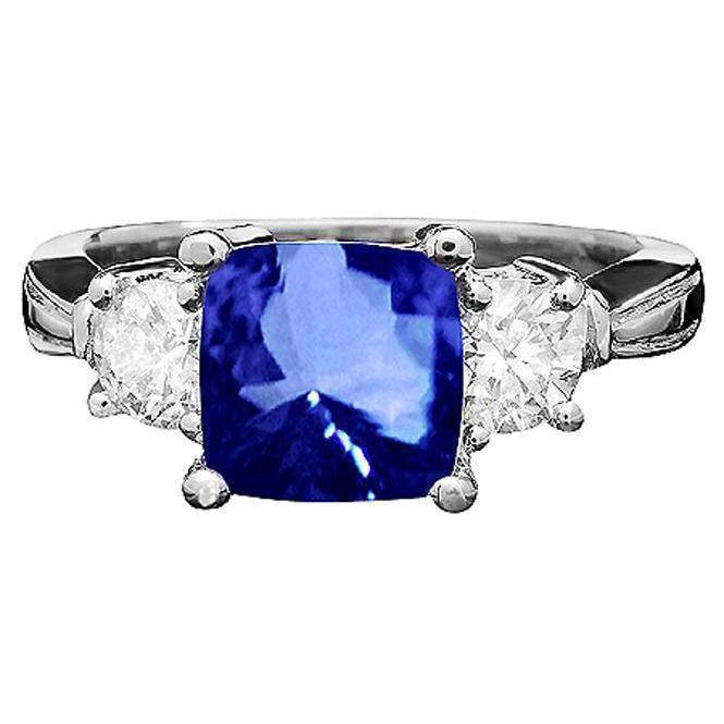 Kussen Ceylon Sapphire Ronde Diamanten 4.51 Carat 3-Stone Ring - harrychadent.nl