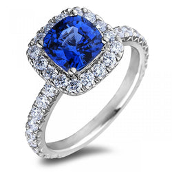 Kussen Ceylon blauwe saffier met diamanten 2,50 ct. Ring