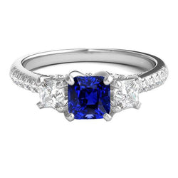 Kussen Edelsteen Blauwe Saffier Ring Prinses Diamanten 2,50 Karaat