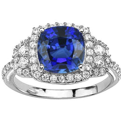 Kussen Halo Blauwe Saffier Ring Wit Goud 14K Diamanten 5 Karaat