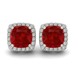 Kussen Robijn Met Diamanten 8.40 Karaat Oorknopjes Halo Goud 14K