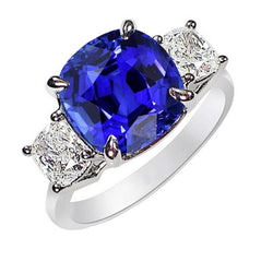 Kussen Saffier 3 Steen Diamanten Ring Prong Gouden Sieraden 4 Karaat