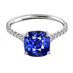 Kussen Saffier Edelsteen Ring 3.50 Karaat Dubbele Prong Diamanten