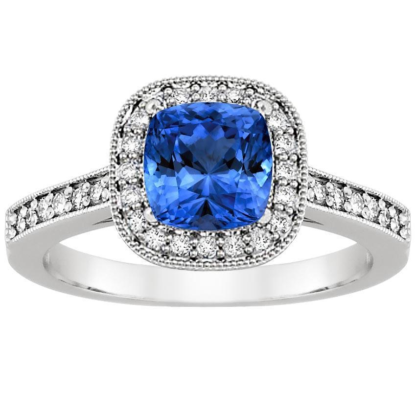 Kussen Sri Lanka Blauwe Saffier Diamanten 3.40 Ct Ring Wit Goud 14K - harrychadent.nl