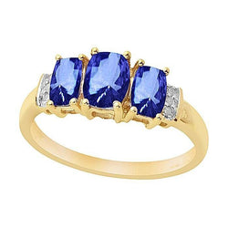 Kussen Sri Lanka Blauwe Saffier Diamanten Ring 3-Steen 5.26 Karaat YG 14K