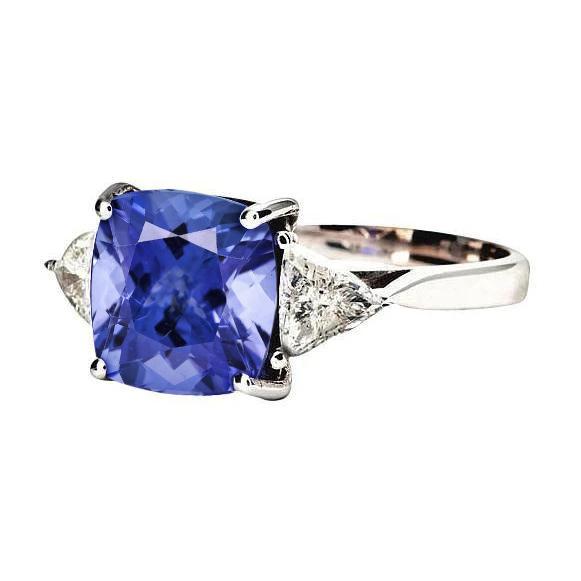 Kussen Tanzanite AAA Diamanten 3 Karaats Ring met 3 Stenen Wit Goud 14K - harrychadent.nl