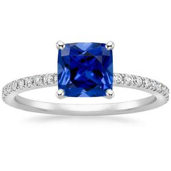 Kussen blauwe saffier diamanten ring met pave set accenten 2,75 karaat