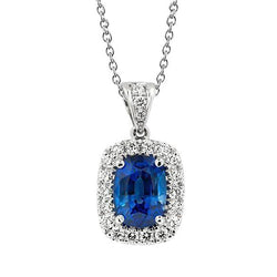 Kussen blauwe saffier en diamanten halsketting hanger 3,50 karaat
