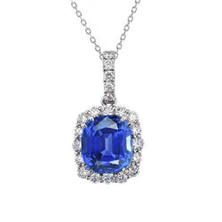 Kussen blauwe saffier en ronde diamanten hanger met ketting 4,25 karaat