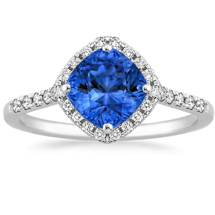 Kussen geslepen blauwe saffier & ronde diamanten ring 3 ct. Wit goud 14K - harrychadent.nl