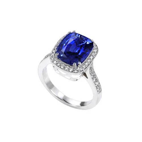 Kussen met blauwe saffier en rond geslepen diamanten ring van 4.55 karaat WG 14K - harrychadent.nl