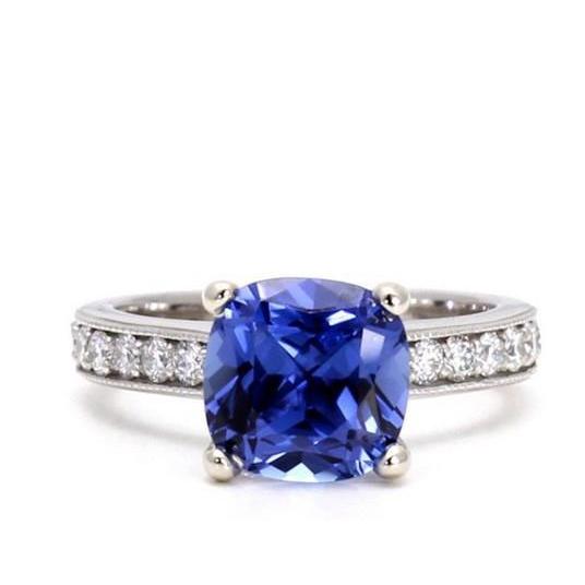 Kussen & rond geslepen 3.30 karaat Ceylon Sapphire Diamonds Ring WG 14K - harrychadent.nl