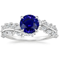 Markiezin Diamant & Ronde Ceylon Saffier Ring Bladstijl 4.50 Karaat