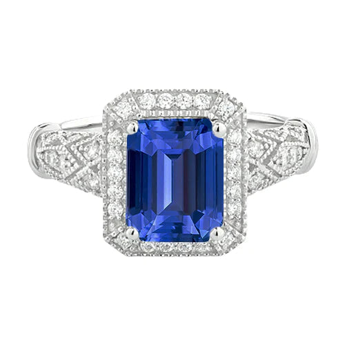 Milligrain Halo Emerald Blue Sapphire Ring 4 karaat met diamanten
