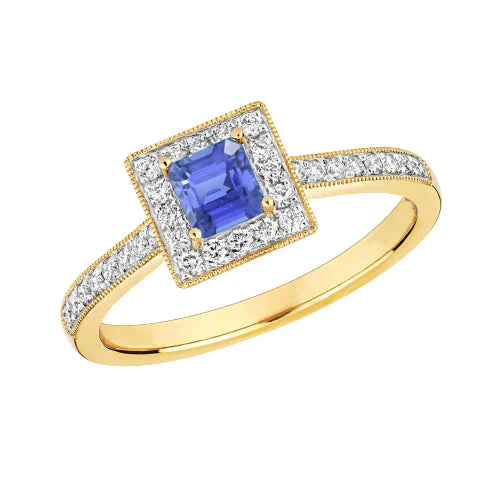 Milligrain geelgouden diamanten ring Halo Ceylon saffier 2 karaat