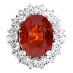 Mandarijn Granaat Met Natuurlijke uit de aarde gewonnen Diamanten 12.25 Ct Ring Witgoud 14K