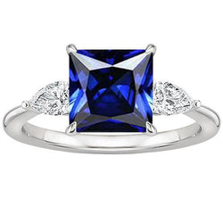 Natuurlijke prinses Ceylon Sapphire & Pear Diamond 3 Stone Ring 4 karaat