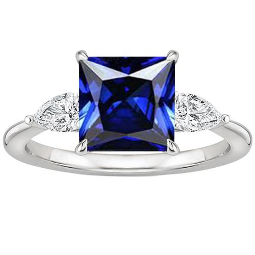 Natuurlijke prinses Ceylon Sapphire & Pear Diamond 3 Stone Ring 4 karaat - harrychadent.nl