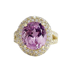 Natuurlijke roze kunziet en diamanten ring Geelgouden fijne sieraden 23 ct