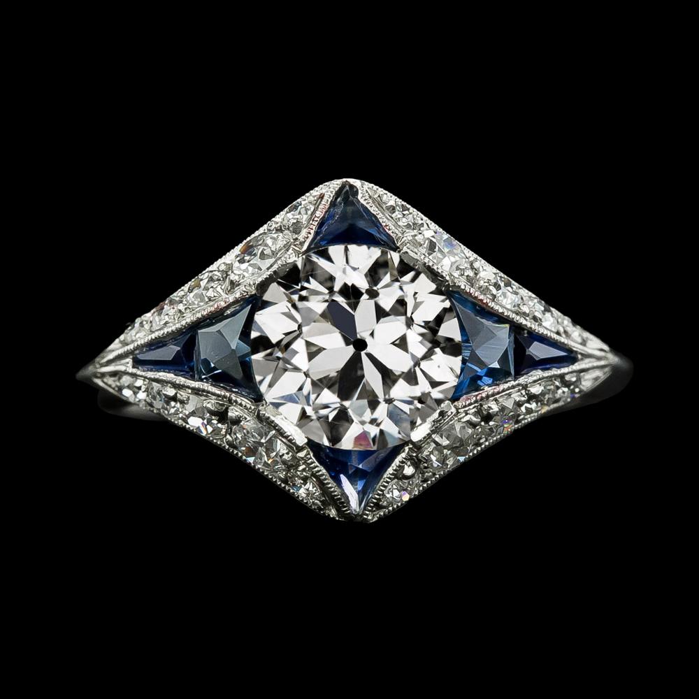 Oude Mijn Knip & Trapezium Sapphire Diamond Ring 3,75 karaat Milgrain - harrychadent.nl