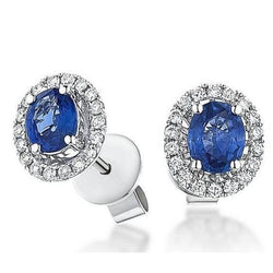 Ovaal geslepen Ceylon blauwe saffier Halo Diamond Stud Earring 3.36 Ct WG 14K