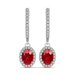 Ovaal geslepen robijn met ronde diamanten 7.50 ct Dangle oorbellen goud 14K