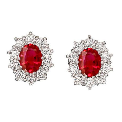 Ovaal geslepen rode robijn met ronde diamanten Stud Halo oorbel goud 3,50 Ct - harrychadent.nl