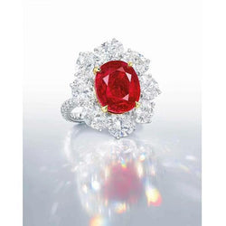 Ovaal geslepen rode robijn met ronde diamanten ring 4,50 karaat goud 14K