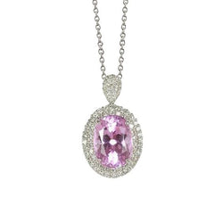 Ovaal geslepen roze kunziet en diamanten hanger 15,50 karaat witgoud 14K
