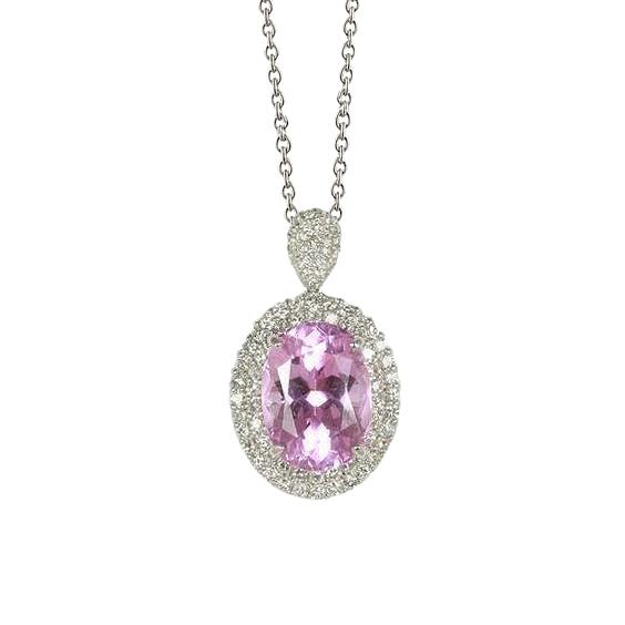 Ovaal geslepen roze kunziet en diamanten hanger 15,50 karaat witgoud 14K - harrychadent.nl