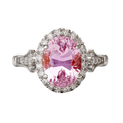 Ovaal geslepen roze kunziet met ronde Halo diamanten ring 11.50 karaat WG 14K