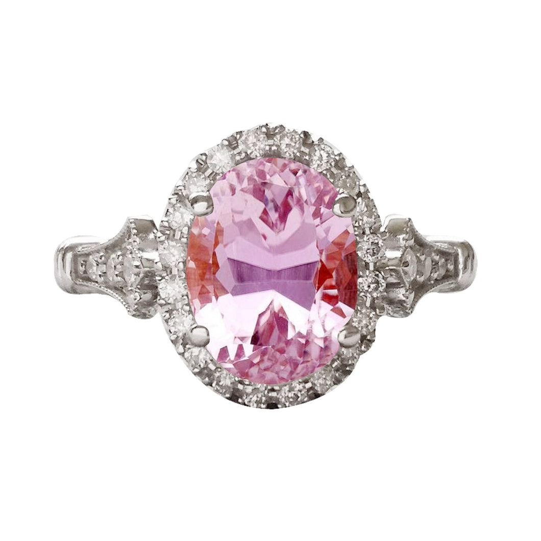 Ovaal geslepen roze kunziet met ronde Halo diamanten ring 11.50 karaat WG 14K - harrychadent.nl