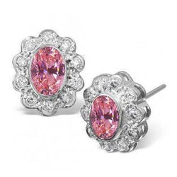 Ovaal geslepen roze saffier en diamanten oorknopjes wit goud 14K 3 Ct