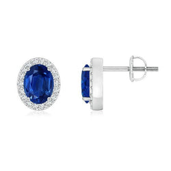 Ovale Ceylon Saffier Met Diamanten 3.20 Ct Lady Studs Halo Earring
