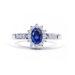 Ovale Ceylon saffier en ronde geslepen diamanten ring 2.50 Ct