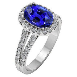 Ovale Halo Blauwe Saffier Ring Split Shank Diamant 5 Karaat