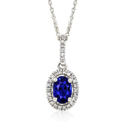 Ovale Sri Lankaanse saffier en diamanten halo hanger met ketting 3 karaat