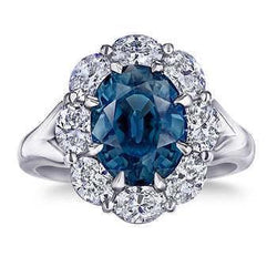 Ovale blauwe saffier Halo diamanten trouwring 3,30 ct. Wit goud 14K