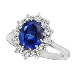 Ovale blauwe saffier en ronde diamanten Halo ring 6,50 ct. Wit goud 14K