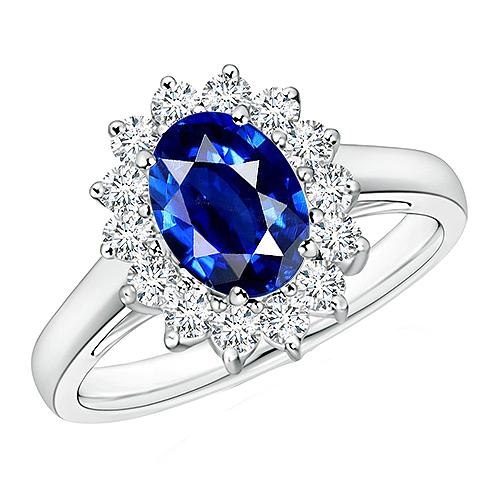 Ovale diamanten verlovingsring Halo Ceylon Sapphire 6 karaats bloemstijl - harrychadent.nl
