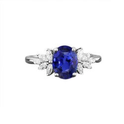 Ovale edelsteen blauwe saffier ring met markiezin diamanten 3,50 karaat