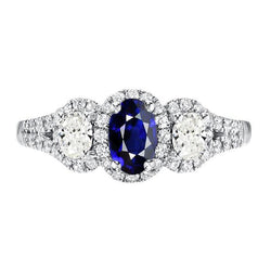 Ovale saffier Halo Ring 3 stenen stijl 3,50 karaat gespleten schacht diamanten