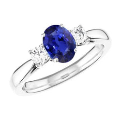Ovale saffier drie stenen ronde diamanten ring 2 karaat goud 14K